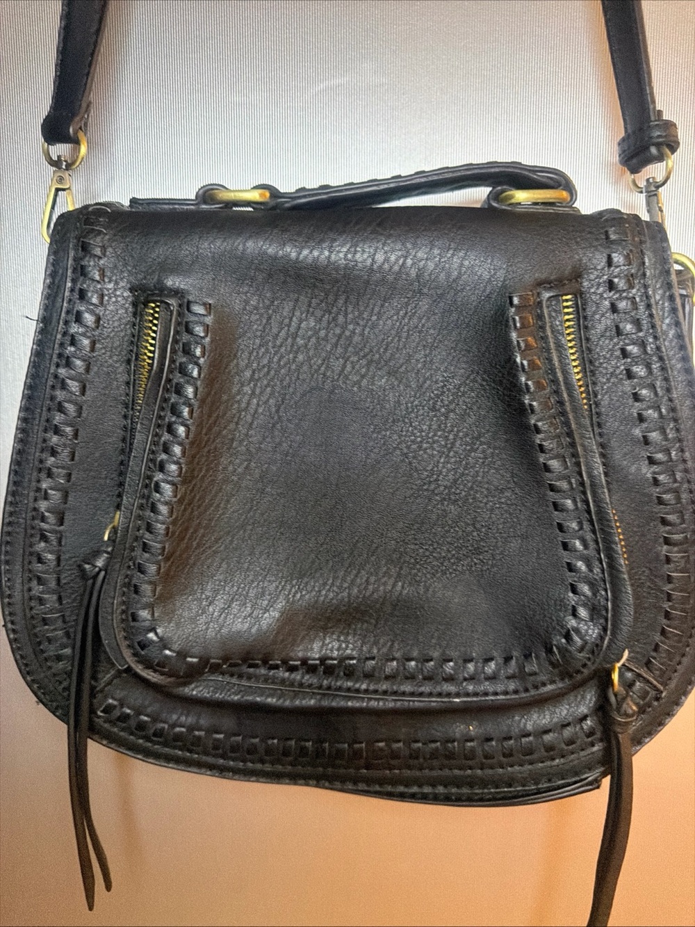 Madison West Black Leather Crossbody with Woven Trim and Gold Hardware